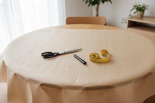 Tafel met kadopapier om een mal te maken voor een tafelkleed op maat