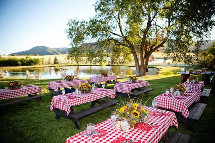 Picknick tafels buiten in een tuin met rood wit geruiten tafelkleden.