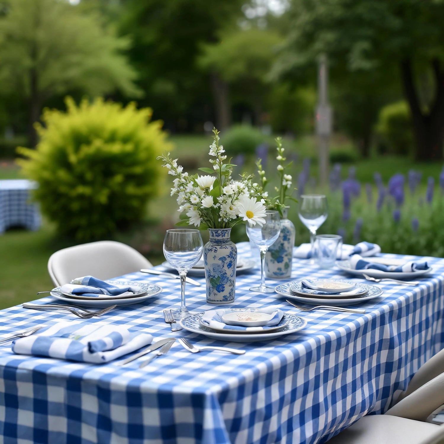 Gedekte tuintafel met rood brabants bont tafelkleed