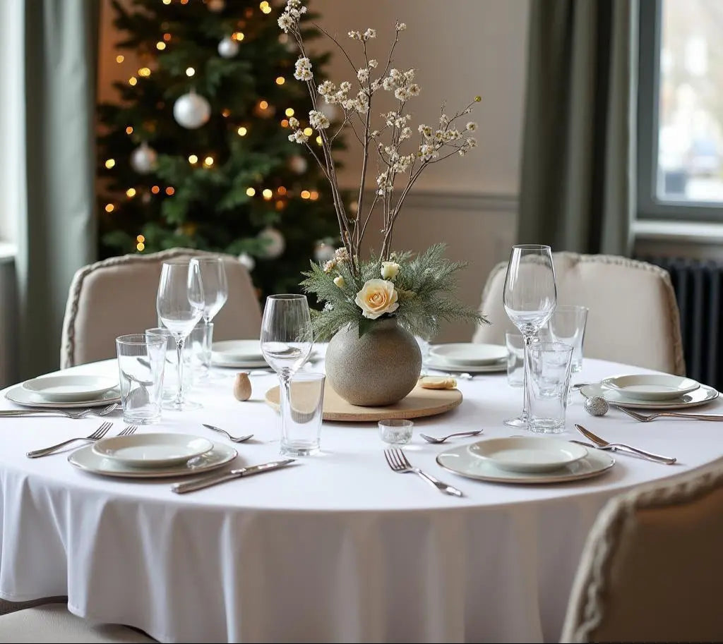 Wit damast tafelkleed met servetten op gedekte tafel