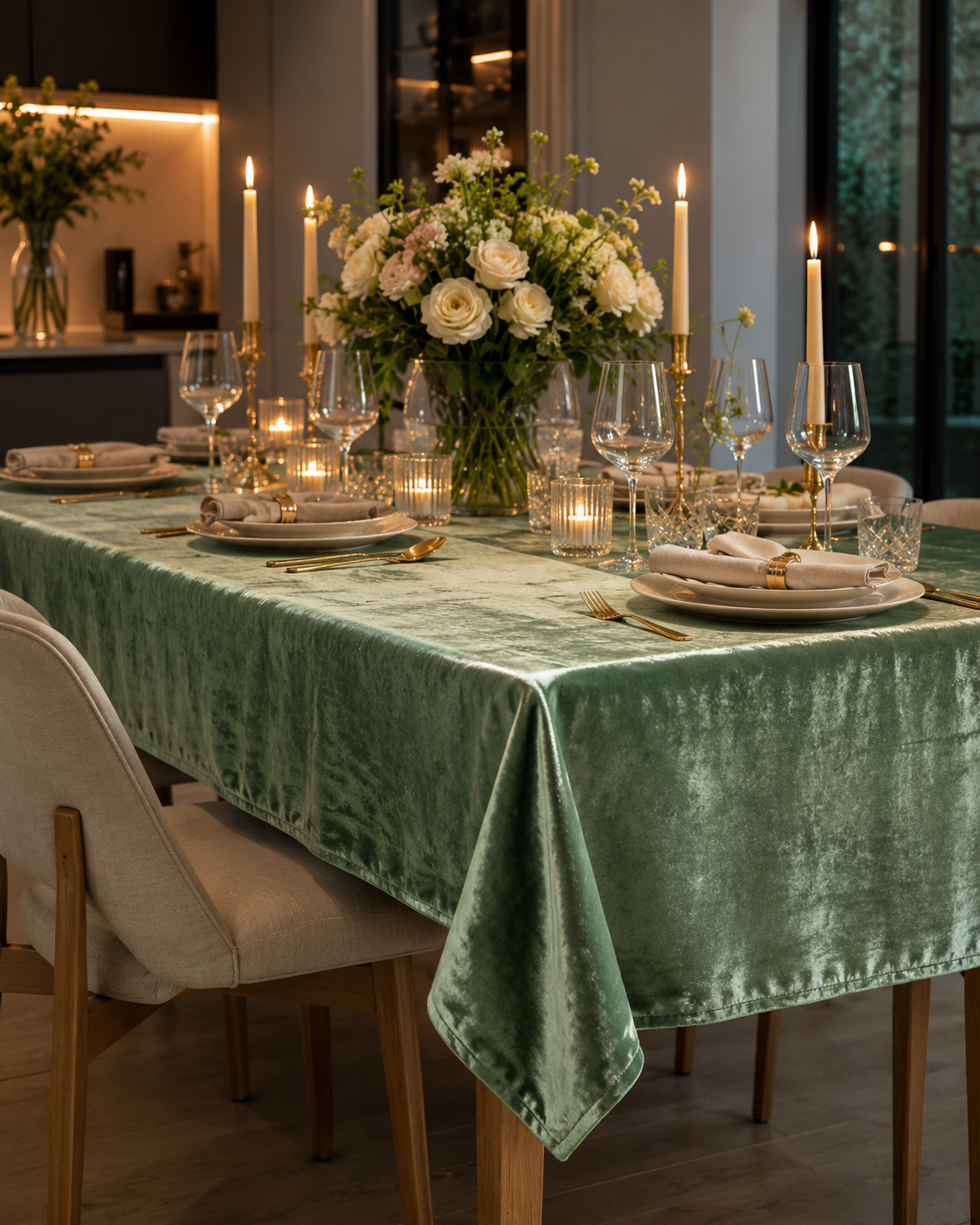 Fluwelen Tafelkleed Dubai Zeegroen – Luxe Velvet (Petrol / Groenblauw) Bamar Lifestyle