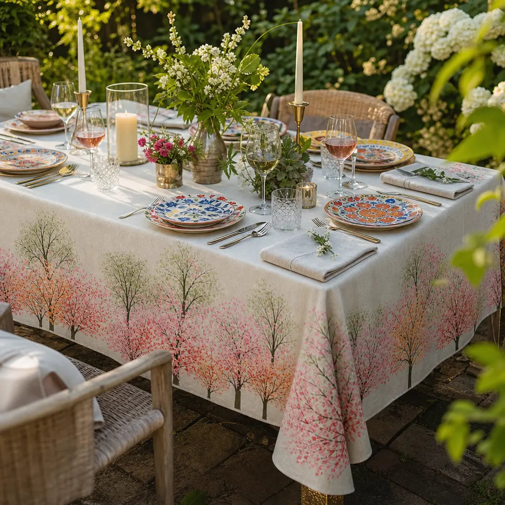 Sakura tafelkleed – bloesem en fruitbomen in een stijlvolle linnenlook - Bamar Lifestyle