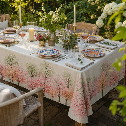 Sakura tafelkleed – bloesem en fruitbomen in een stijlvolle linnenlook - Bamar Lifestyle