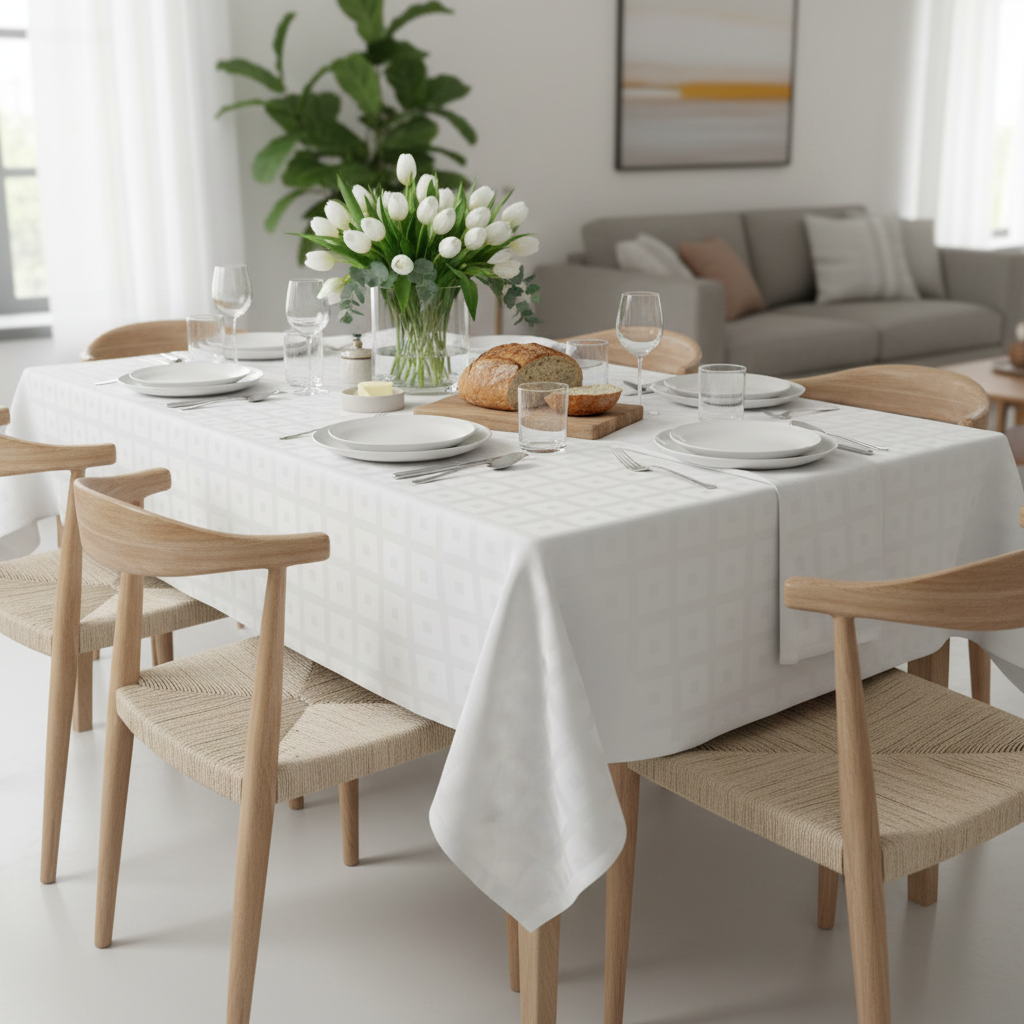 Wit Damast Tafelkleed Blok – 100% Katoen (Hotelkwaliteit 250 g/m²) Bamar Lifestyle