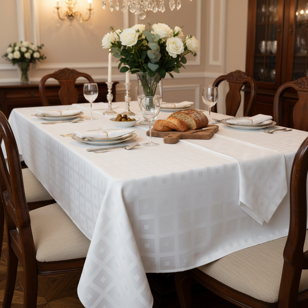 Wit Damast Tafelkleed Blok – 100% Katoen (Hotelkwaliteit 250 g/m²) Bamar Lifestyle