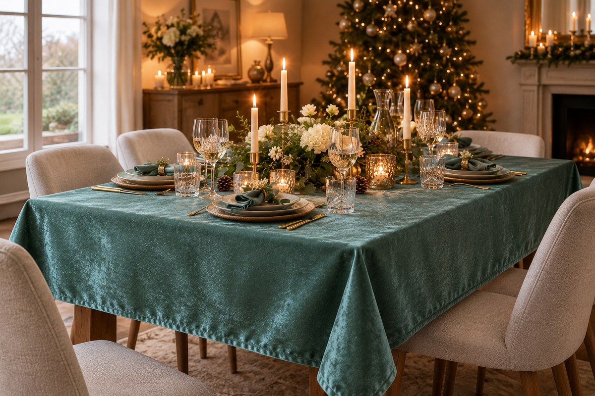 Fluwelen Tafelkleed Dubai Zeegroen – Luxe Velvet (Petrol / Groenblauw) Bamar Lifestyle