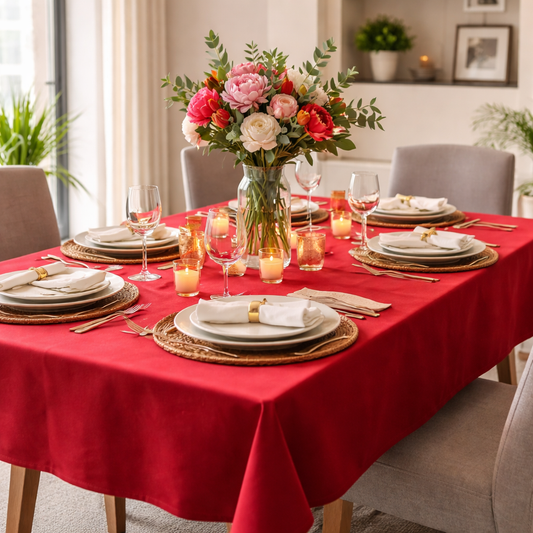 Rood Velvet Tafelkleed met Katoenen Biesband – Luxe Fluweel Bamar Lifestyle